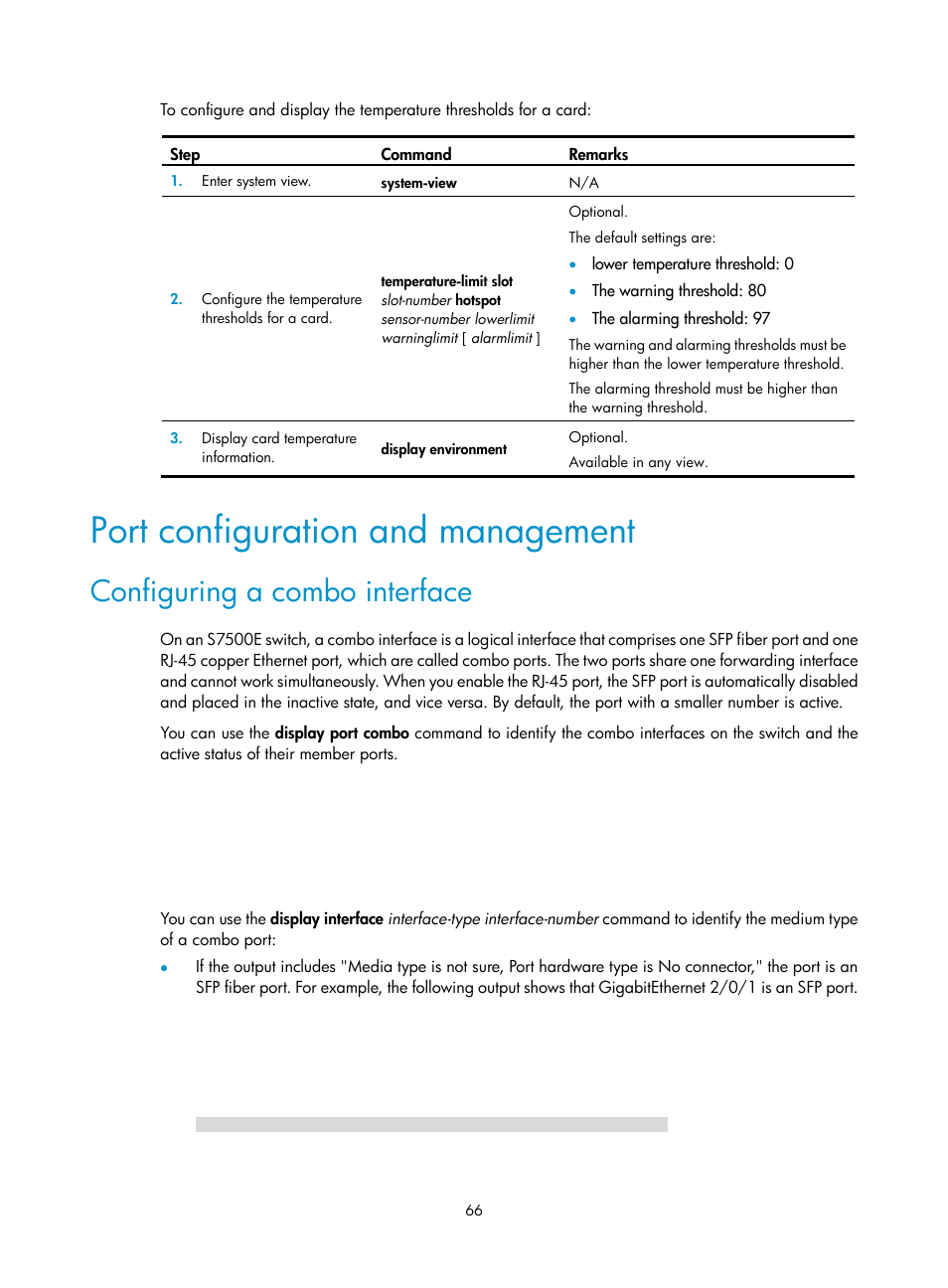 Port configuration and management, Configuring a combo interface | H3C Technologies H3C S7500E Series Switches User Manual | Page 77 / 165