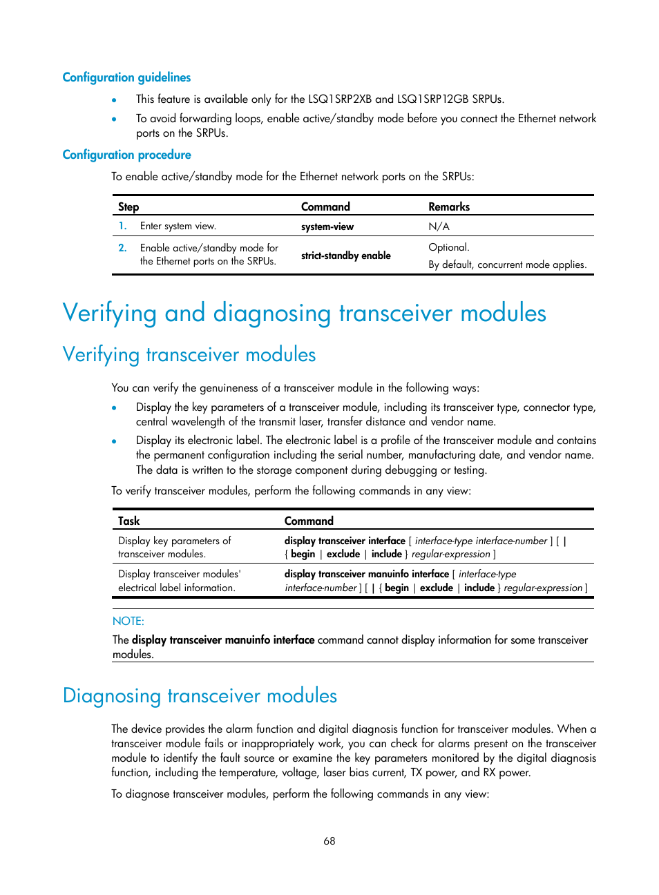 Configuration guidelines, Configuration procedure, Verifying and diagnosing transceiver modules | Verifying transceiver modules, Diagnosing transceiver modules | H3C Technologies H3C S7500E Series Switches User Manual | Page 79 / 165