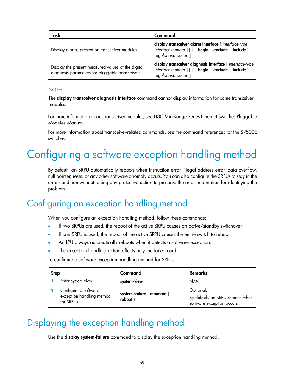 Configuring a software exception handling method, Configuring an exception handling method, Displaying the exception handling method | H3C Technologies H3C S7500E Series Switches User Manual | Page 80 / 165