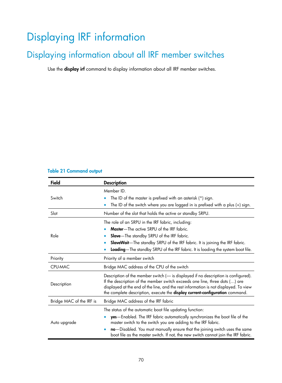 Displaying irf information | H3C Technologies H3C S7500E Series Switches User Manual | Page 81 / 165