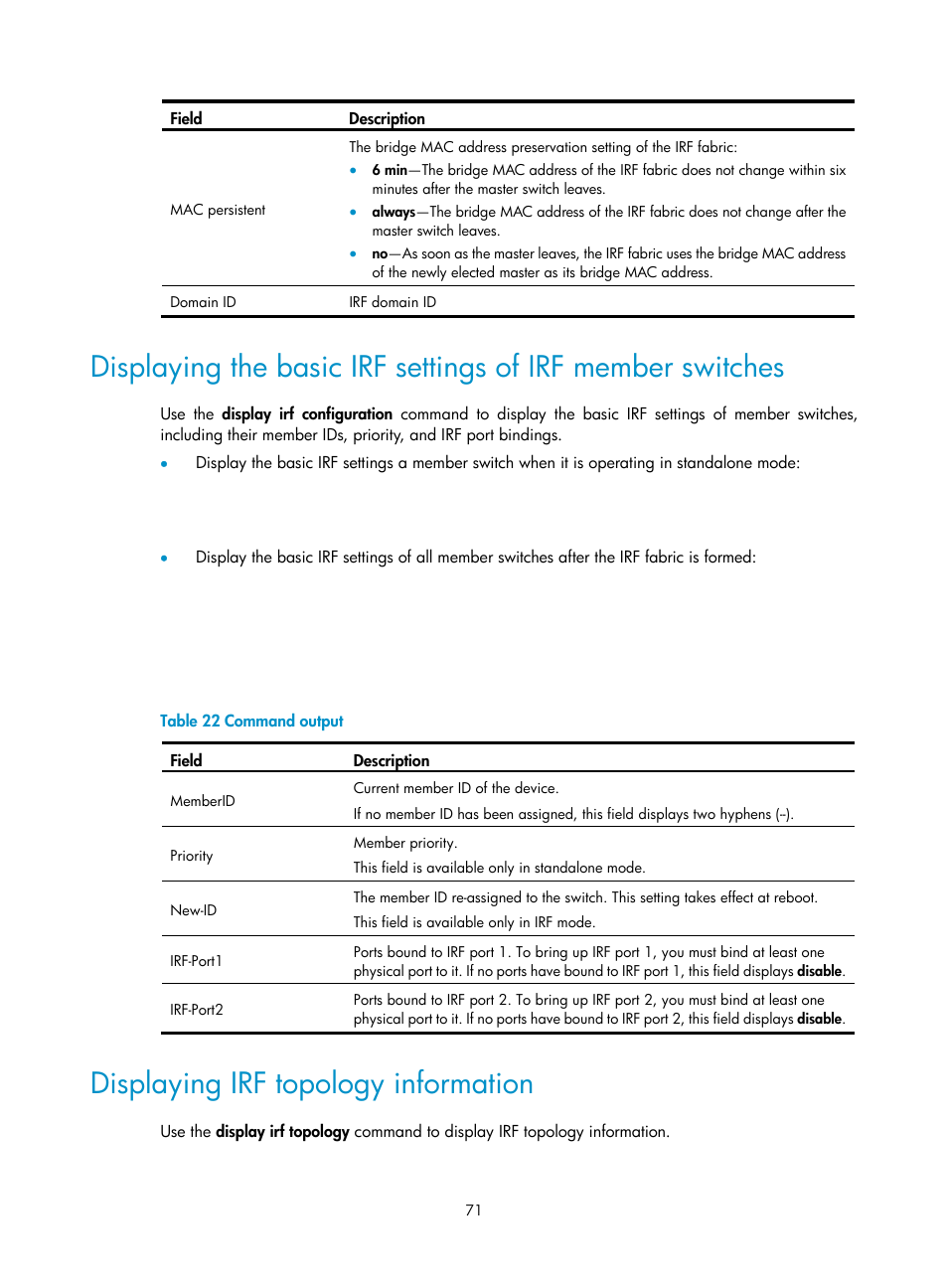 Displaying irf topology information | H3C Technologies H3C S7500E Series Switches User Manual | Page 82 / 165