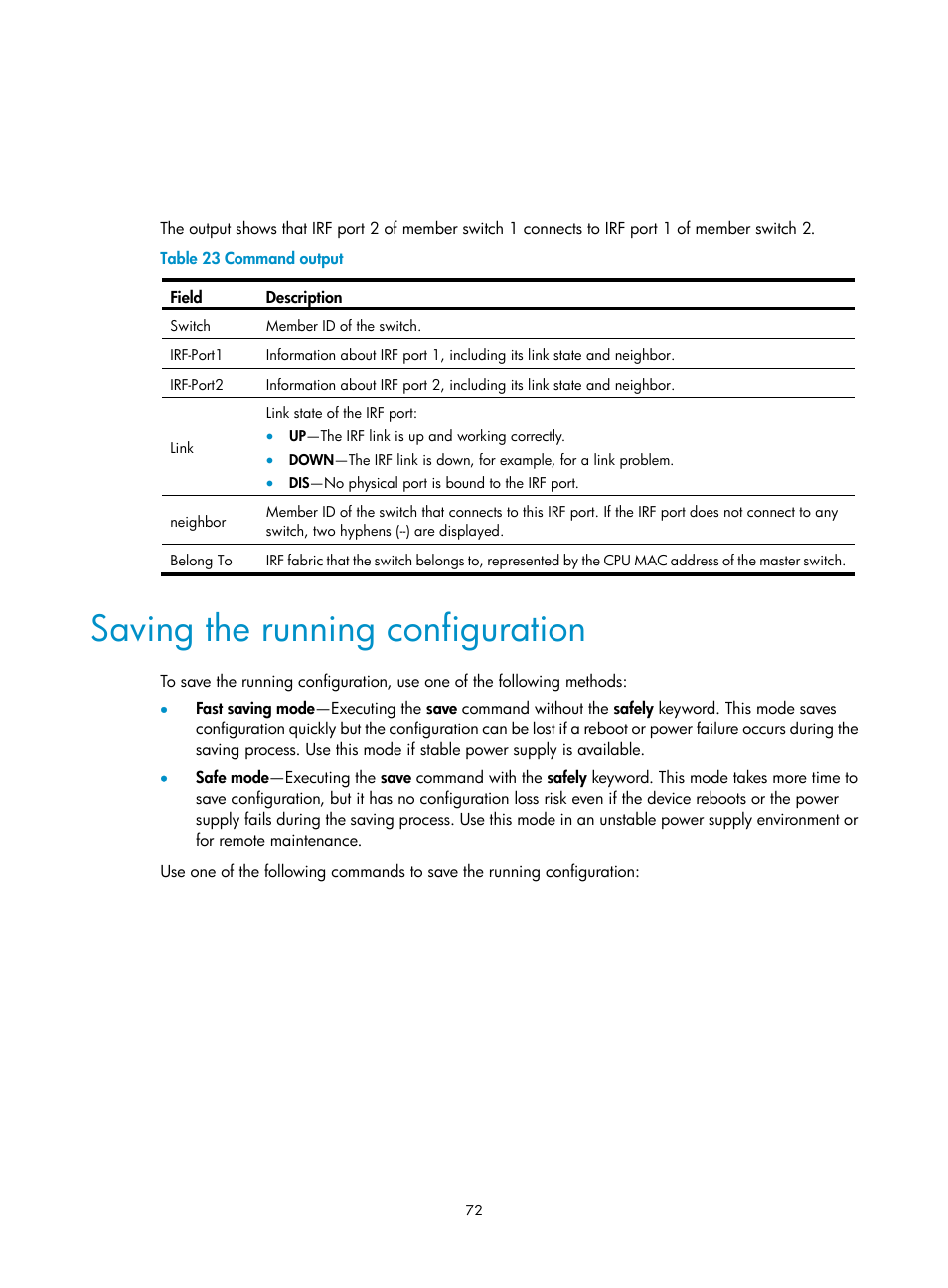 Saving the running configuration | H3C Technologies H3C S7500E Series Switches User Manual | Page 83 / 165