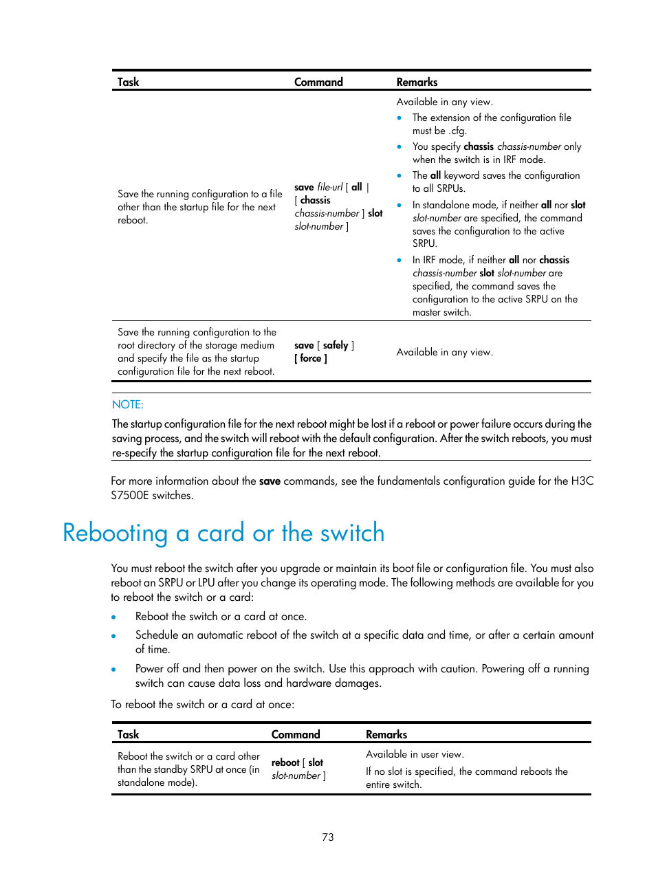 Rebooting a card or the switch | H3C Technologies H3C S7500E Series Switches User Manual | Page 84 / 165