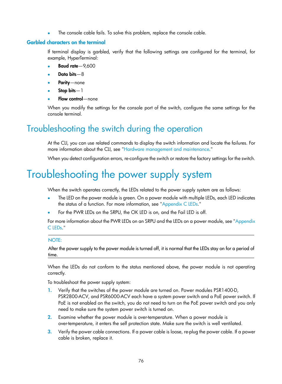 Garbled characters on the terminal, Troubleshooting the switch during the operation, Troubleshooting the power supply system | H3C Technologies H3C S7500E Series Switches User Manual | Page 87 / 165