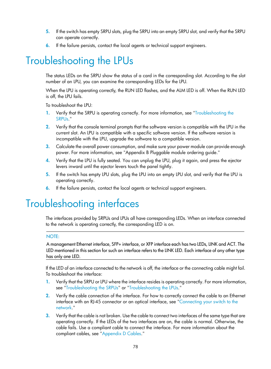 Troubleshooting the lpus, Troubleshooting interfaces | H3C Technologies H3C S7500E Series Switches User Manual | Page 89 / 165