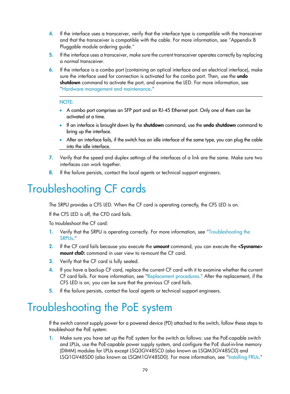 Troubleshooting cf cards, Troubleshooting the poe system | H3C Technologies H3C S7500E Series Switches User Manual | Page 90 / 165