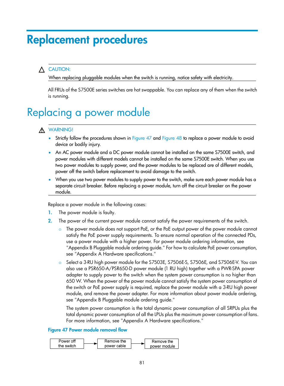 Replacement procedures, Replacing a power module, Ation, see | H3C Technologies H3C S7500E Series Switches User Manual | Page 92 / 165
