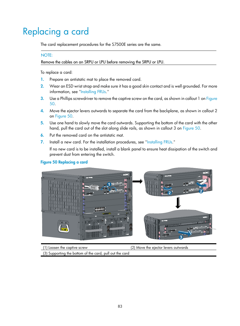 Replacing a card | H3C Technologies H3C S7500E Series Switches User Manual | Page 94 / 165