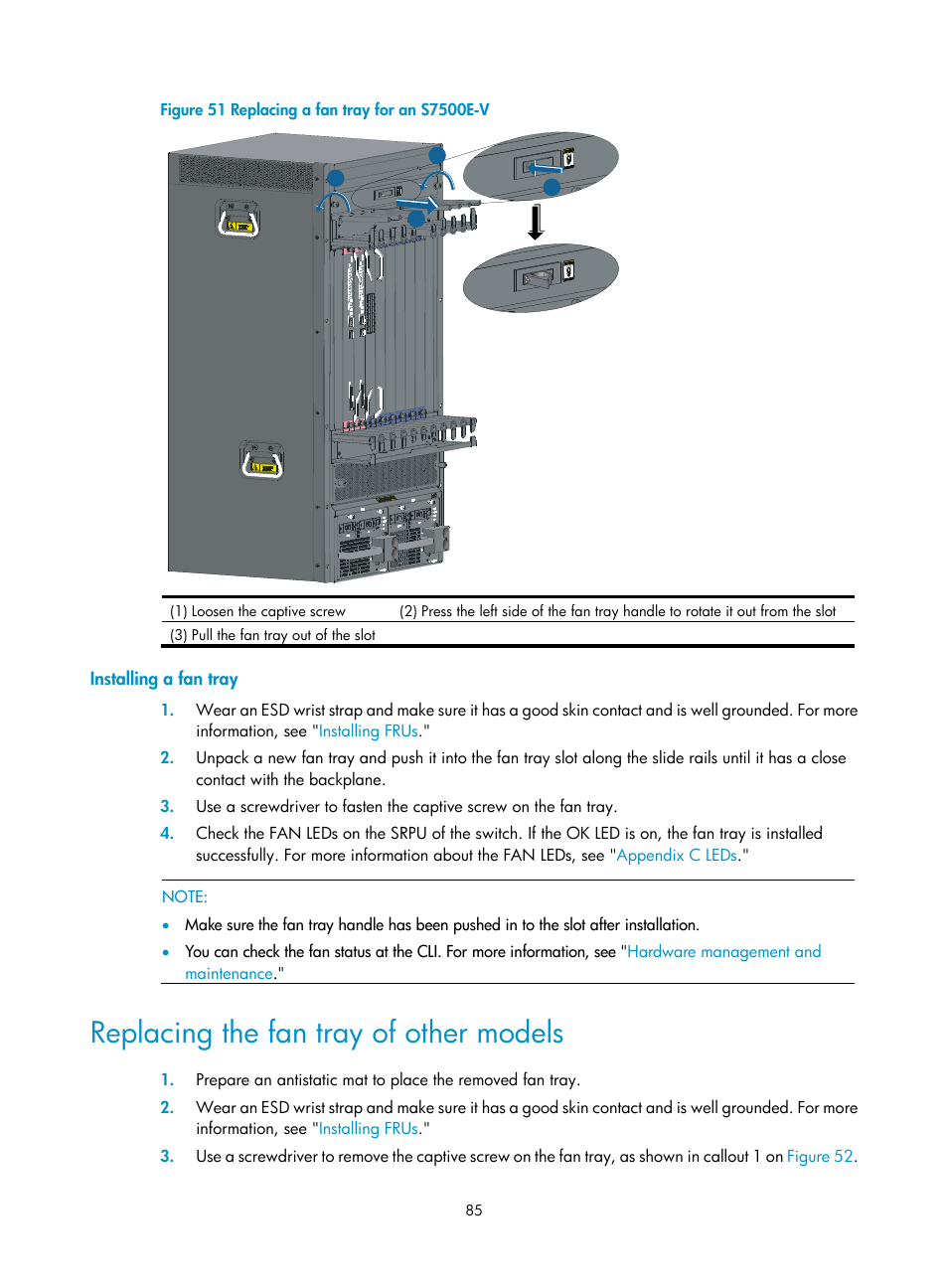 Installing a fan tray, Replacing the fan tray of other models, N in | Figure 51 | H3C Technologies H3C S7500E Series Switches User Manual | Page 96 / 165