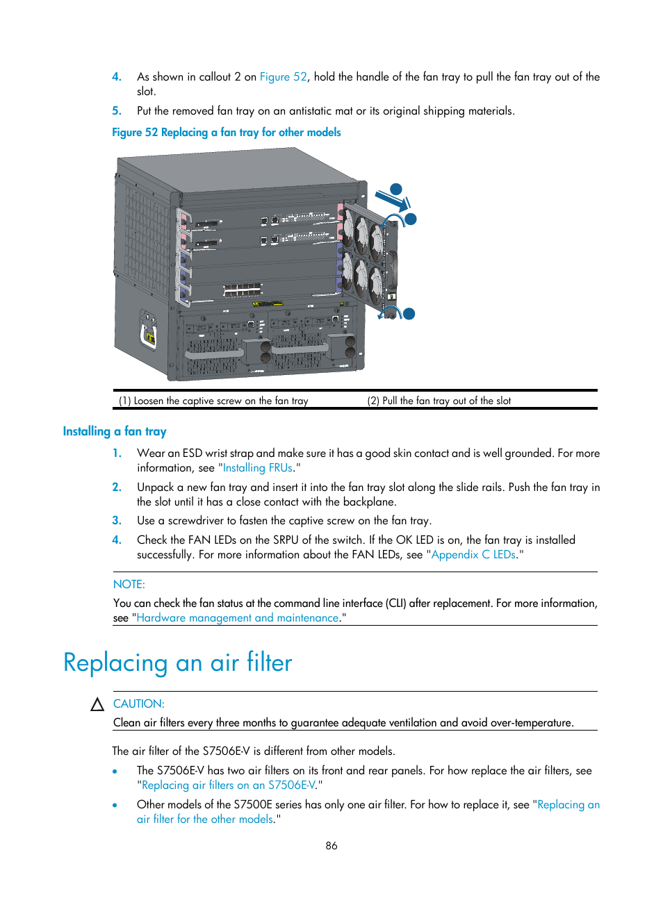 Installing a fan tray, Replacing an air filter, Figure 52 | H3C Technologies H3C S7500E Series Switches User Manual | Page 97 / 165