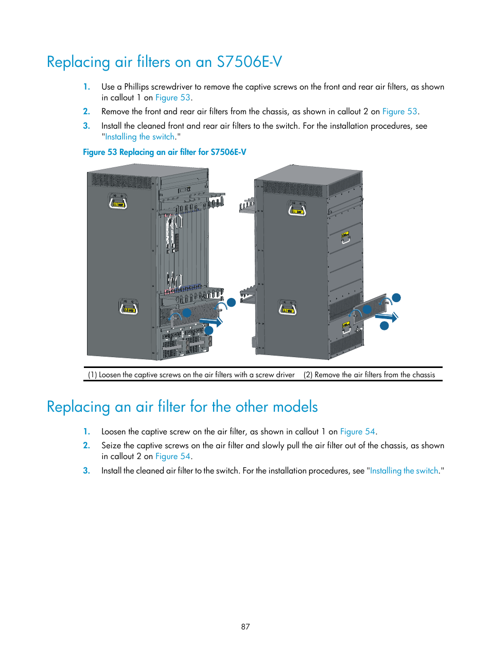 Replacing air filters on an s7506e-v, Replacing an air filter for the other models, Replacing an | Air filter for the other models | H3C Technologies H3C S7500E Series Switches User Manual | Page 98 / 165