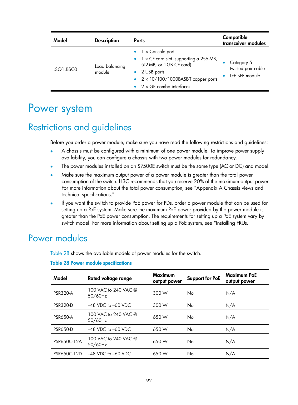 Power system, Restrictions and guidelines, Power modules | H3C Technologies H3C S7500E Series Switches User Manual | Page 102 / 161