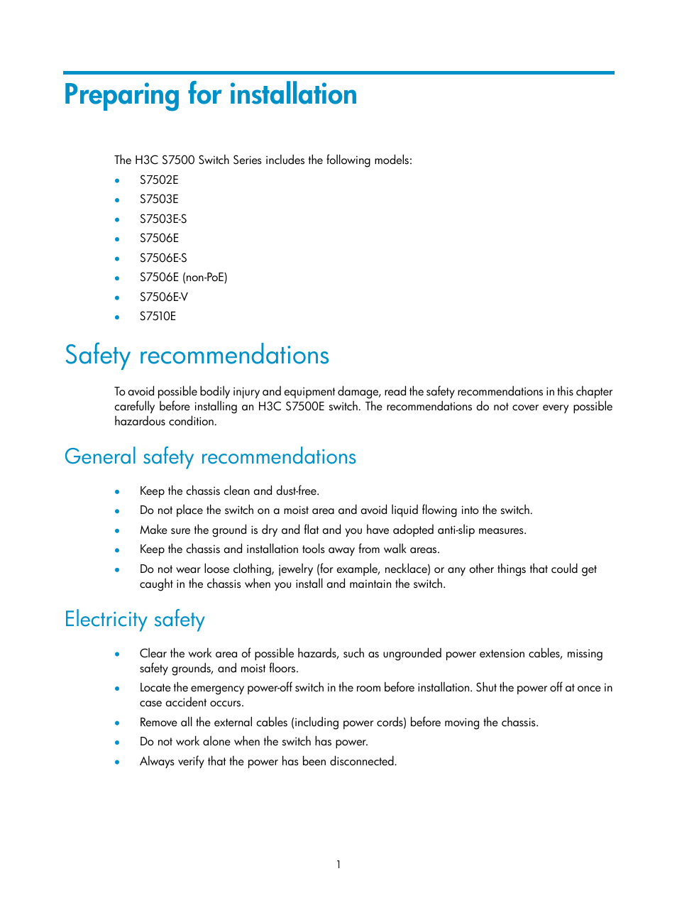 Preparing for installation, Safety recommendations, General safety recommendations | Electricity safety | H3C Technologies H3C S7500E Series Switches User Manual | Page 11 / 161