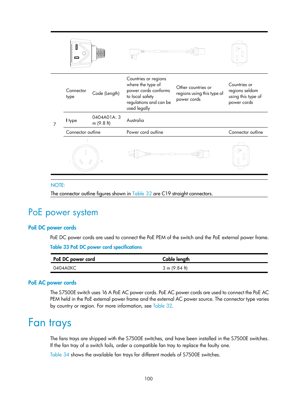 Poe power system, Poe dc power cords, Poe ac power cords | Fan trays | H3C Technologies H3C S7500E Series Switches User Manual | Page 110 / 161