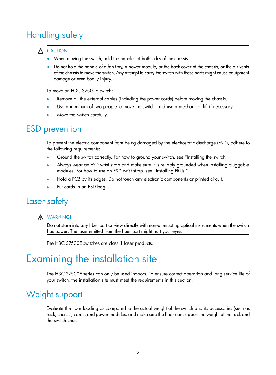 Handling safety, Esd prevention, Laser safety | Examining the installation site, Weight support | H3C Technologies H3C S7500E Series Switches User Manual | Page 12 / 161