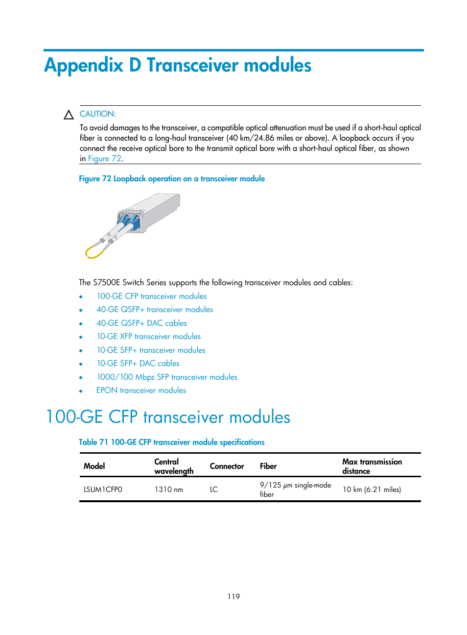 Appendix d transceiver modules, Ge cfp transceiver modules | H3C Technologies H3C S7500E Series Switches User Manual | Page 129 / 161