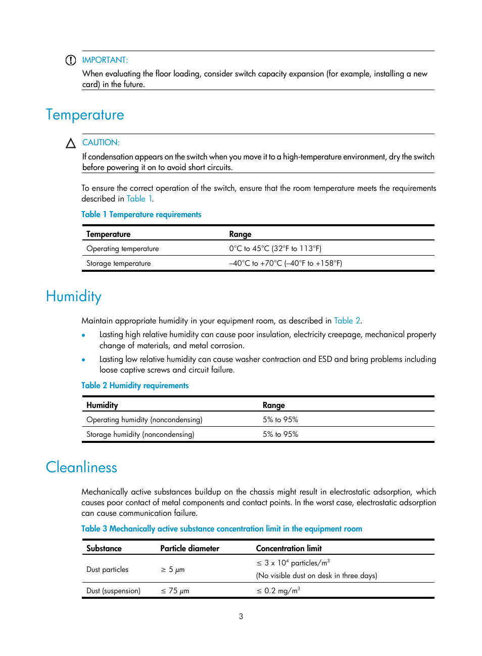 Temperature, Humidity, Cleanliness | H3C Technologies H3C S7500E Series Switches User Manual | Page 13 / 161