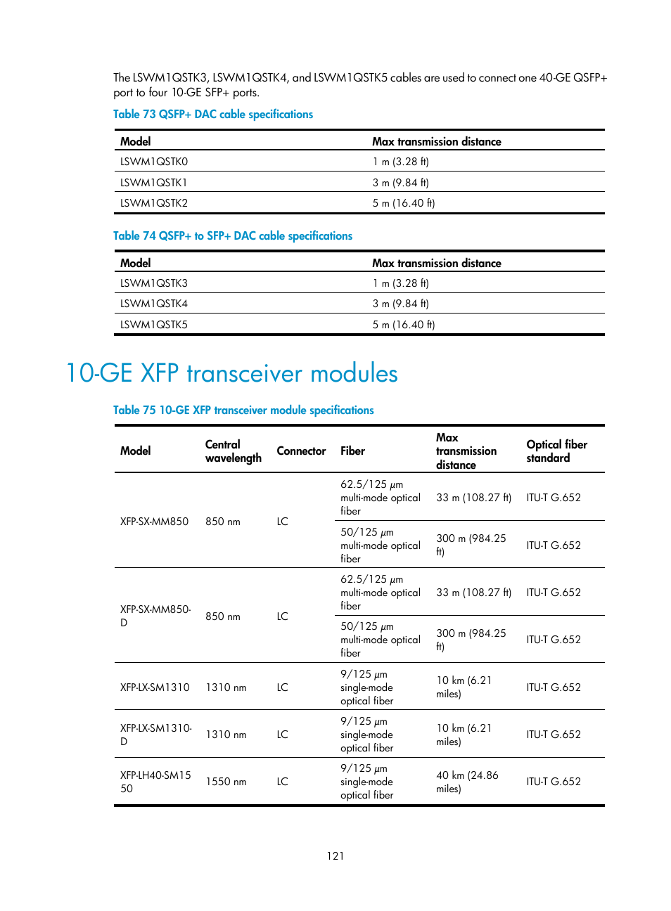 Ge xfp transceiver modules | H3C Technologies H3C S7500E Series Switches User Manual | Page 131 / 161