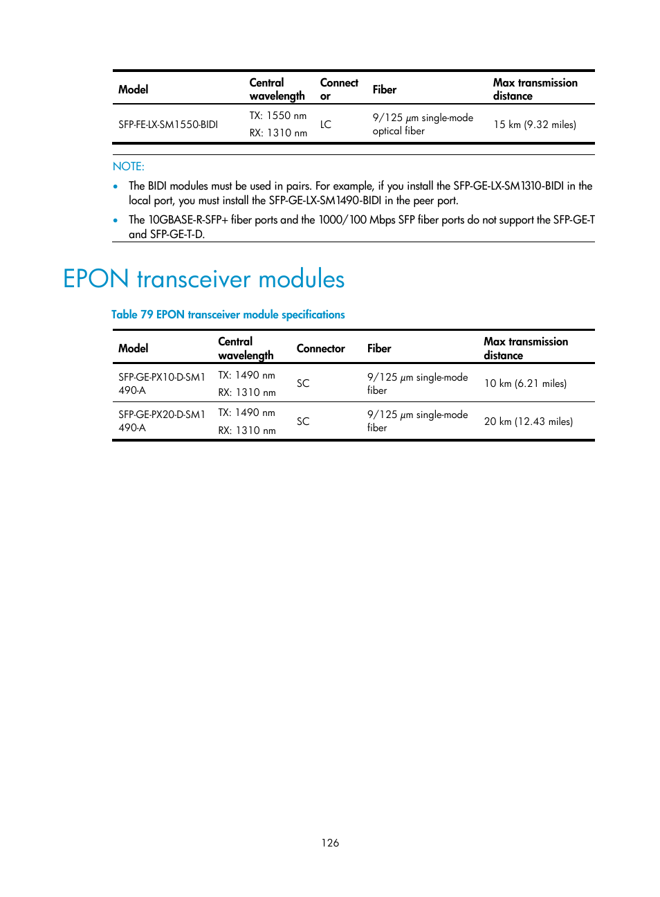 Epon transceiver modules | H3C Technologies H3C S7500E Series Switches User Manual | Page 136 / 161