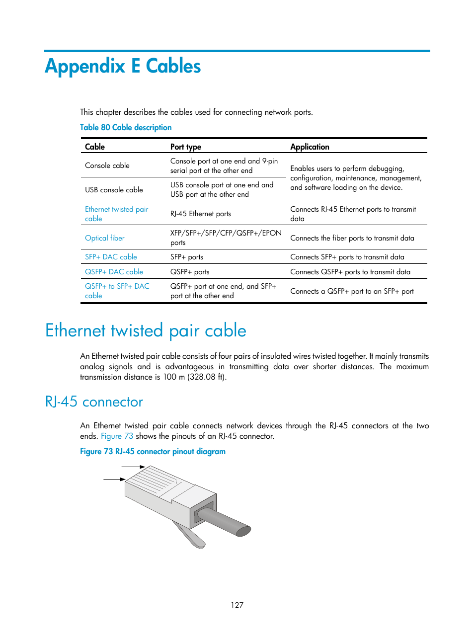 Appendix e cables, Ethernet twisted pair cable, Rj-45 connector | H3C Technologies H3C S7500E Series Switches User Manual | Page 137 / 161