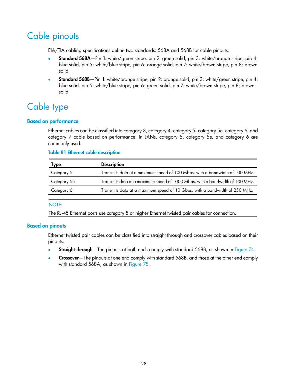 Cable pinouts, Cable type, Based on performance | Based on pinouts | H3C Technologies H3C S7500E Series Switches User Manual | Page 138 / 161