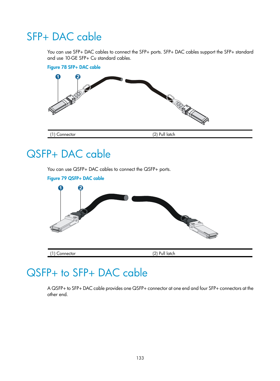 Sfp+ dac cable, Qsfp+ dac cable, Qsfp+ to sfp+ dac cable | Qsfp+ to sfp+ dac, Cable | H3C Technologies H3C S7500E Series Switches User Manual | Page 143 / 161