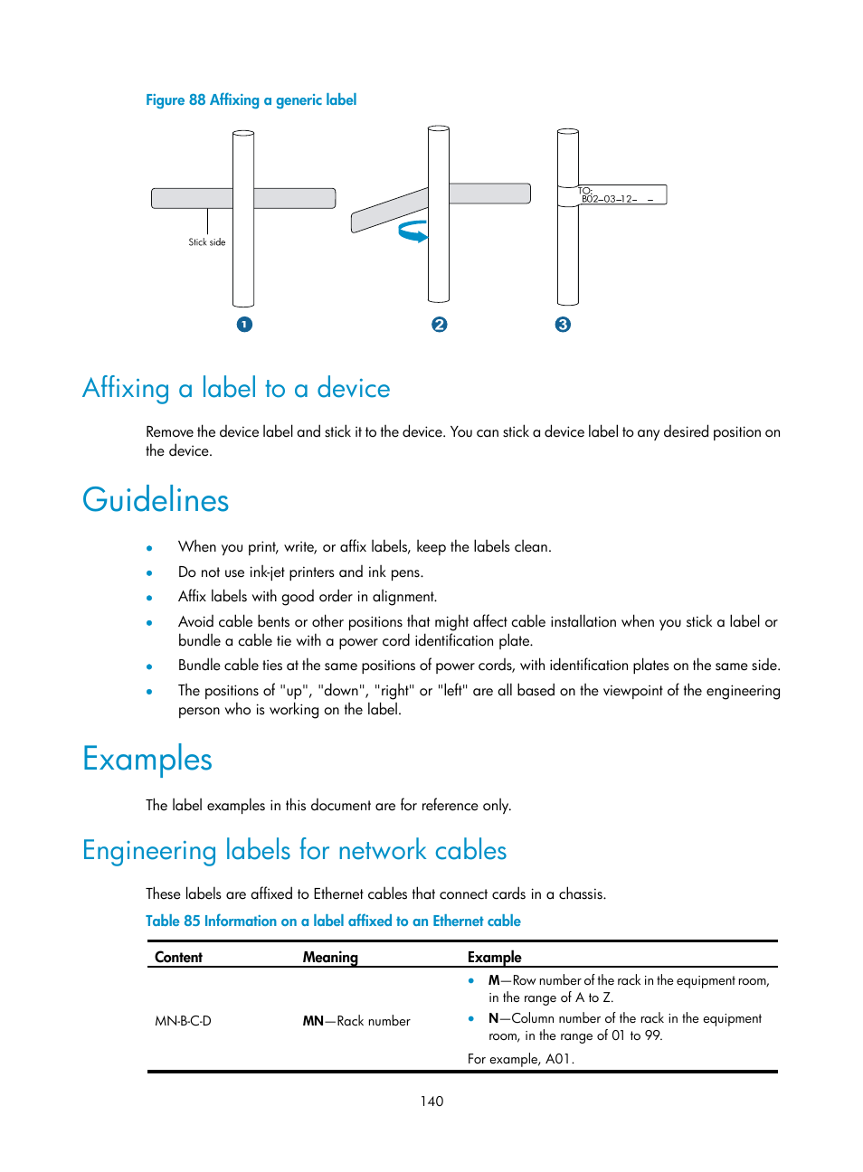 Affixing a label to a device, Guidelines, Examples | Engineering labels for network cables | H3C Technologies H3C S7500E Series Switches User Manual | Page 150 / 161