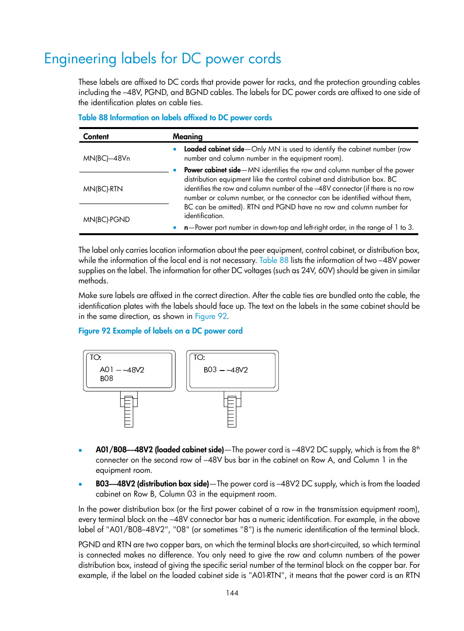 Engineering labels for dc power cords | H3C Technologies H3C S7500E Series Switches User Manual | Page 154 / 161