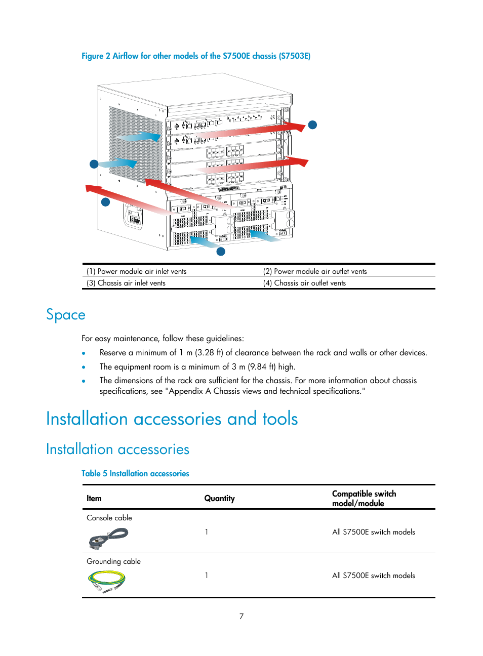 Space, Installation accessories and tools, Installation accessories | H3C Technologies H3C S7500E Series Switches User Manual | Page 17 / 161