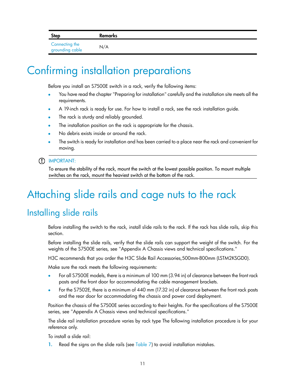 Confirming installation preparations, Attaching slide rails and cage nuts to the rack, Installing slide rails | H3C Technologies H3C S7500E Series Switches User Manual | Page 21 / 161