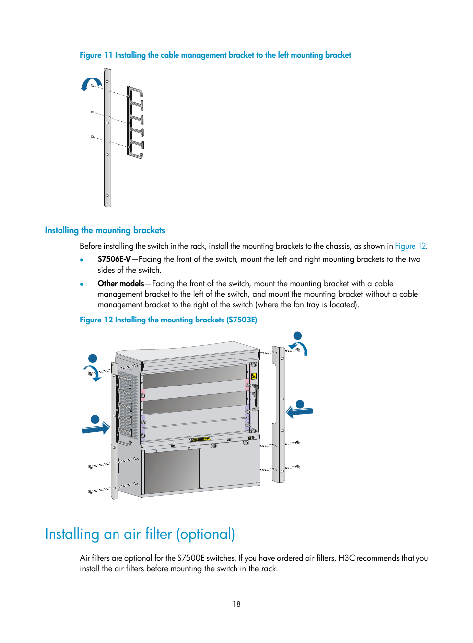 Installing the mounting brackets, Installing an air filter (optional), Figure 11 | H3C Technologies H3C S7500E Series Switches User Manual | Page 28 / 161