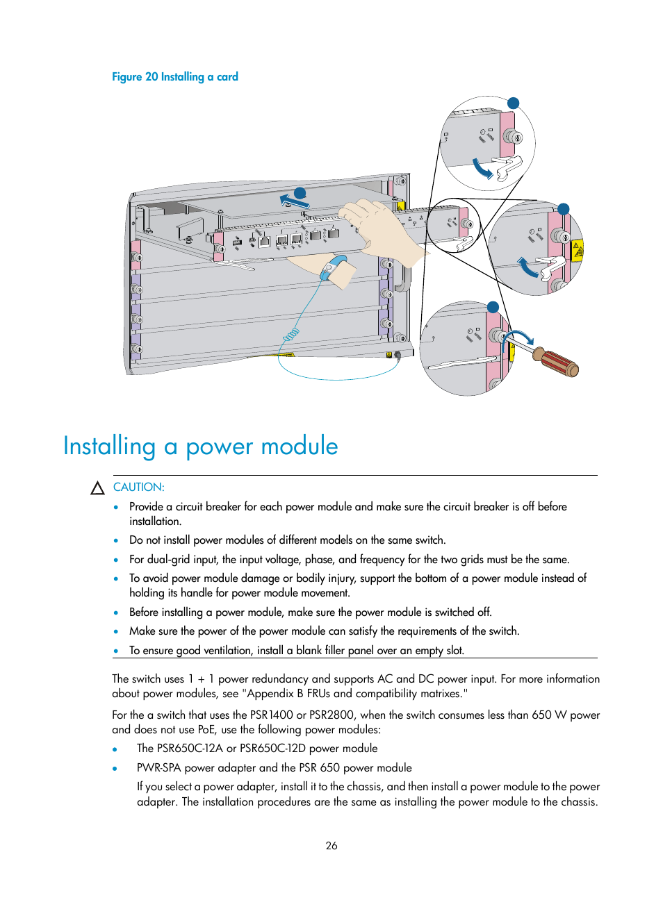 Installing a power module | H3C Technologies H3C S7500E Series Switches User Manual | Page 36 / 161