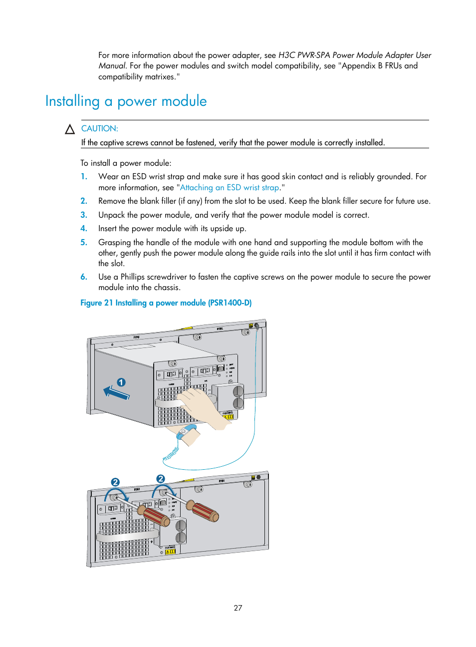 Installing a power module | H3C Technologies H3C S7500E Series Switches User Manual | Page 37 / 161