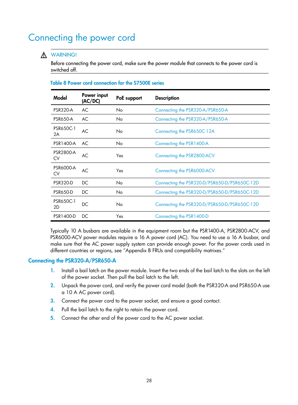 Connecting the power cord, Connecting the psr320-a/psr650-a | H3C Technologies H3C S7500E Series Switches User Manual | Page 38 / 161