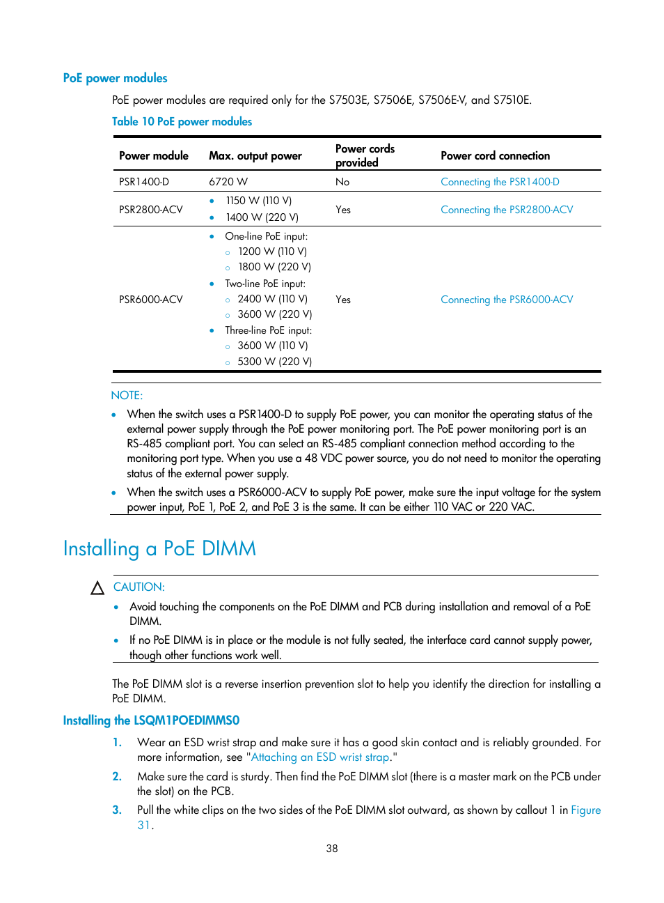 Poe power modules, Installing a poe dimm, Installing the lsqm1poedimms0 | H3C Technologies H3C S7500E Series Switches User Manual | Page 48 / 161