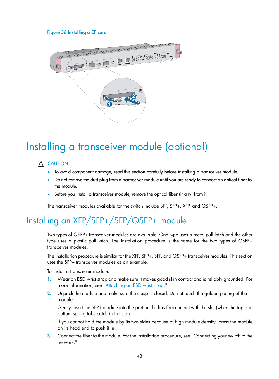 Installing a transceiver module (optional), Installing an xfp/sfp+/sfp/qsfp+ module | H3C Technologies H3C S7500E Series Switches User Manual | Page 53 / 161