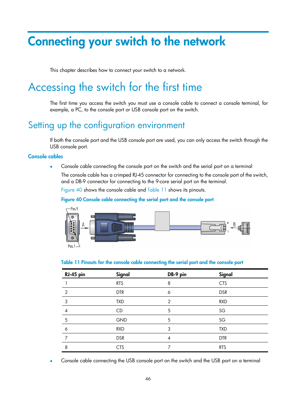 Connecting your switch to the network, Accessing the switch for the first time, Setting up the configuration environment | Console cables | H3C Technologies H3C S7500E Series Switches User Manual | Page 56 / 161