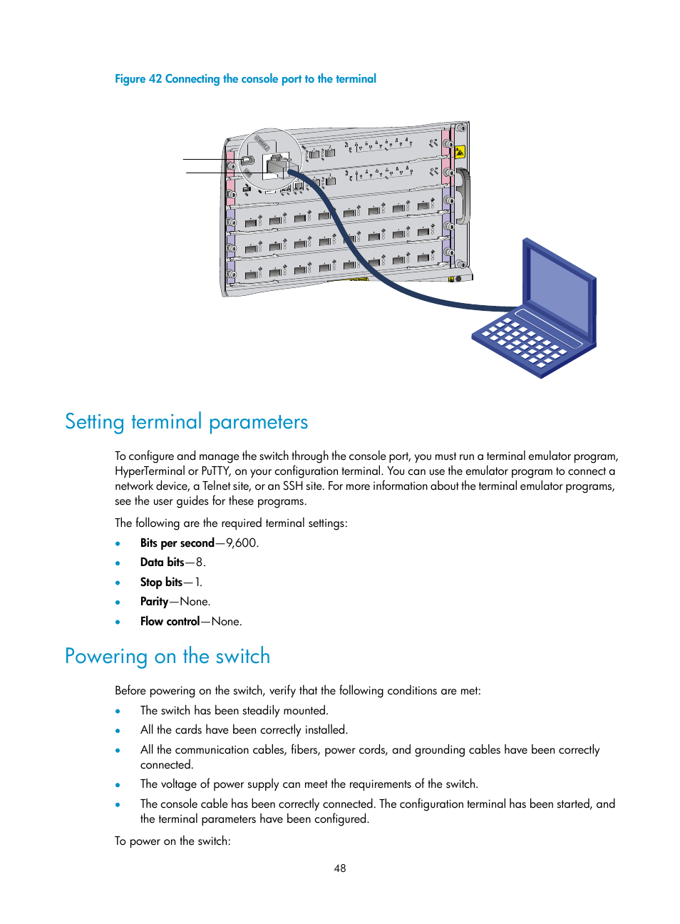 Setting terminal parameters, Powering on the switch | H3C Technologies H3C S7500E Series Switches User Manual | Page 58 / 161