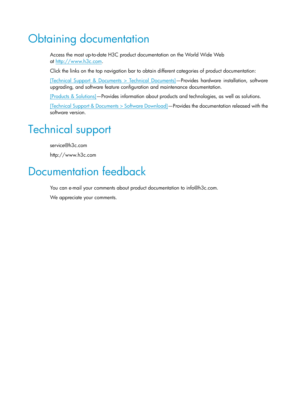 Obtaining documentation, Technical support, Documentation feedback | H3C Technologies H3C S7500E Series Switches User Manual | Page 6 / 161