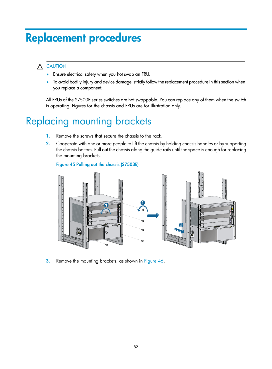 Replacement procedures, Replacing mounting brackets | H3C Technologies H3C S7500E Series Switches User Manual | Page 63 / 161