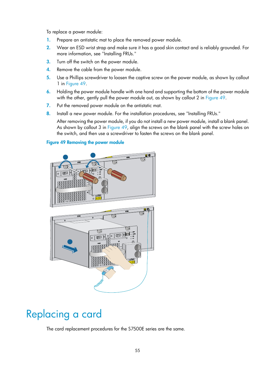 Replacing a card | H3C Technologies H3C S7500E Series Switches User Manual | Page 65 / 161