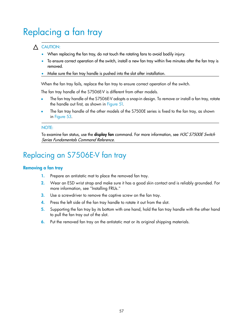 Replacing a fan tray, Replacing an s7506e-v fan tray, Removing a fan tray | H3C Technologies H3C S7500E Series Switches User Manual | Page 67 / 161