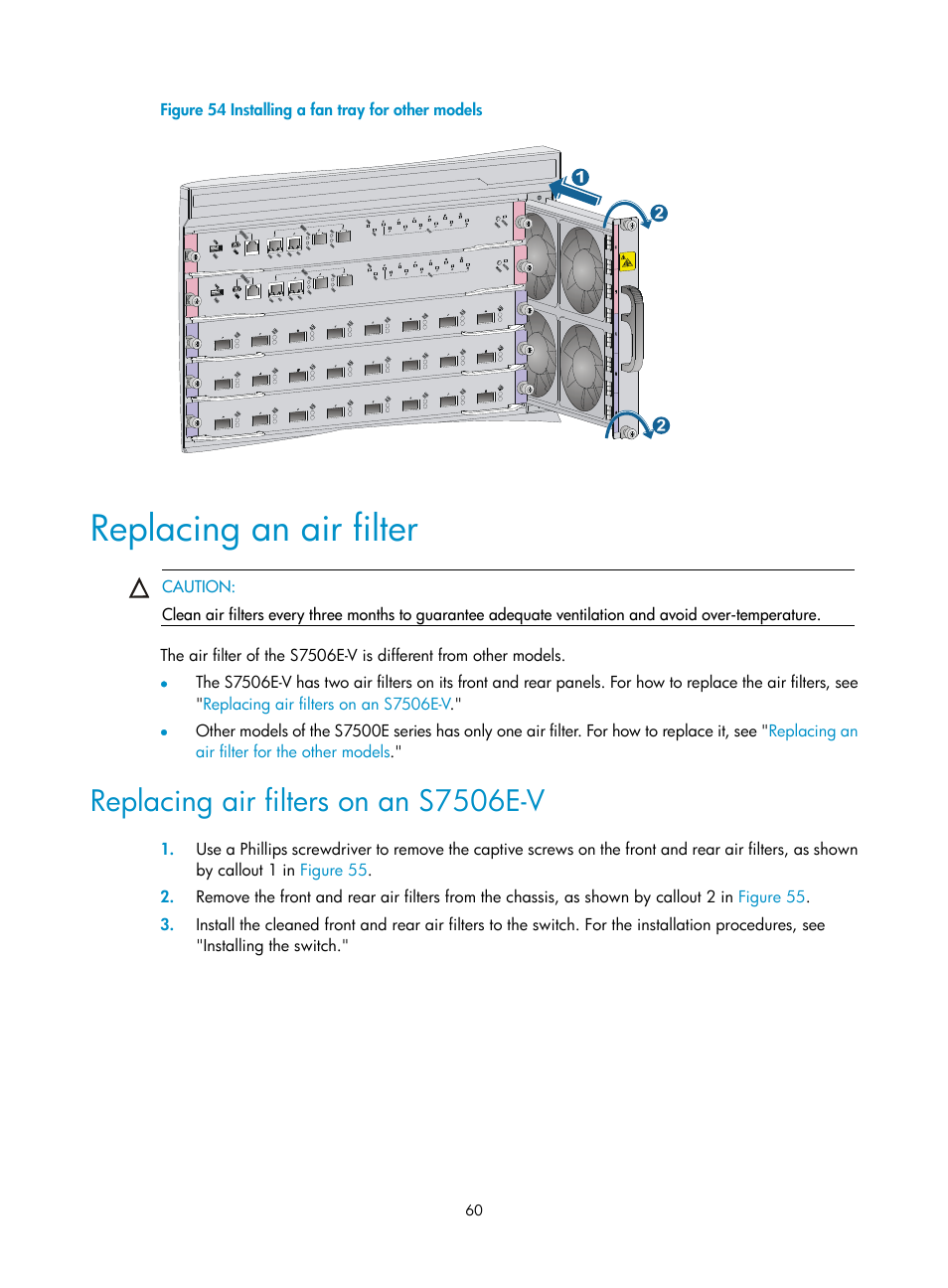 Replacing an air filter, Replacing air filters on an s7506e-v | H3C Technologies H3C S7500E Series Switches User Manual | Page 70 / 161