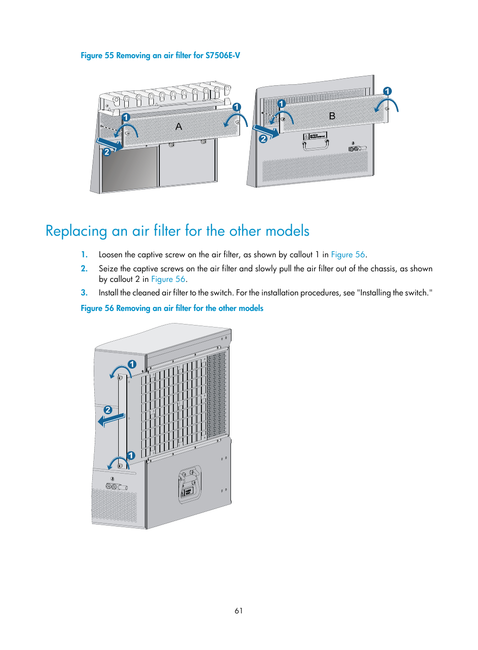 Replacing an air filter for the other models, Replacing an, Air filter for the other models | Figure 55 | H3C Technologies H3C S7500E Series Switches User Manual | Page 71 / 161