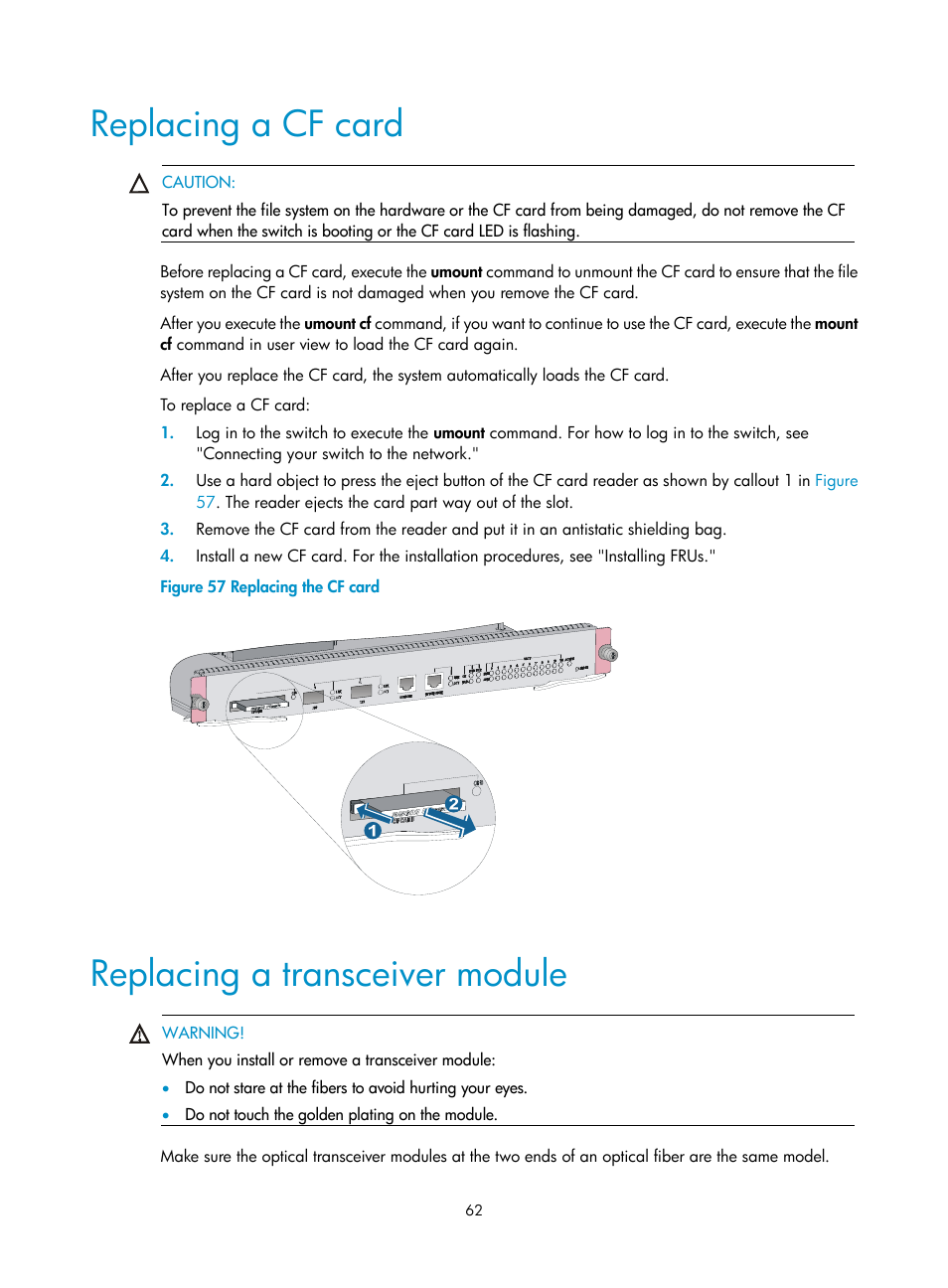 Replacing a cf card, Replacing a transceiver module | H3C Technologies H3C S7500E Series Switches User Manual | Page 72 / 161