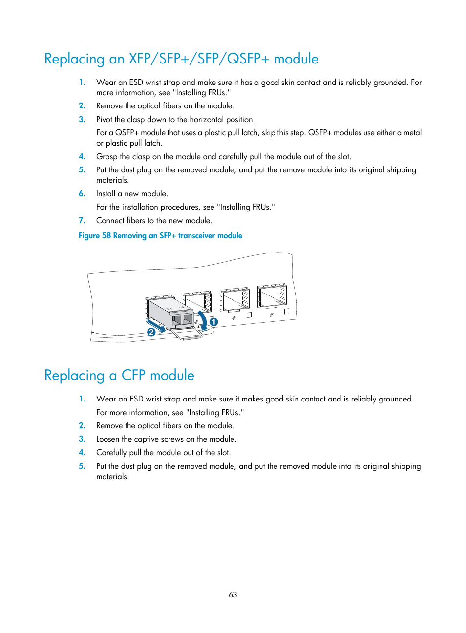 Replacing an xfp/sfp+/sfp/qsfp+ module, Replacing a cfp module | H3C Technologies H3C S7500E Series Switches User Manual | Page 73 / 161