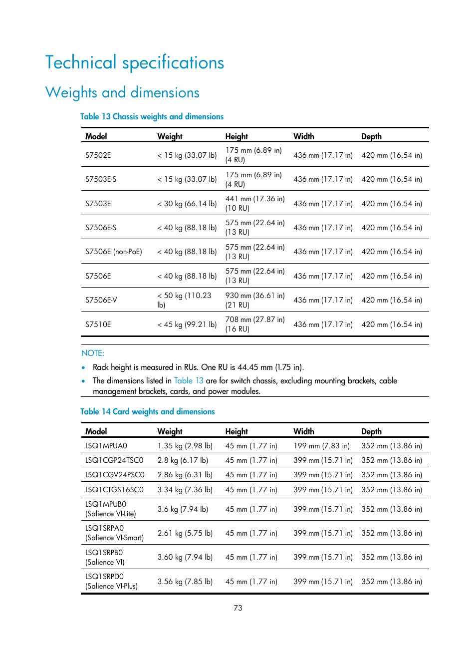 Technical specifications, Weights and dimensions | H3C Technologies H3C S7500E Series Switches User Manual | Page 83 / 161