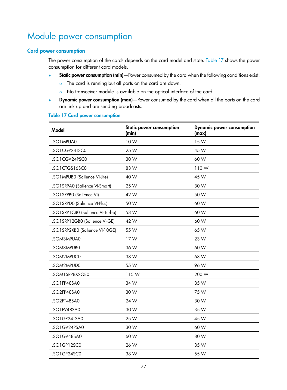 Module power consumption, Card power consumption | H3C Technologies H3C S7500E Series Switches User Manual | Page 87 / 161