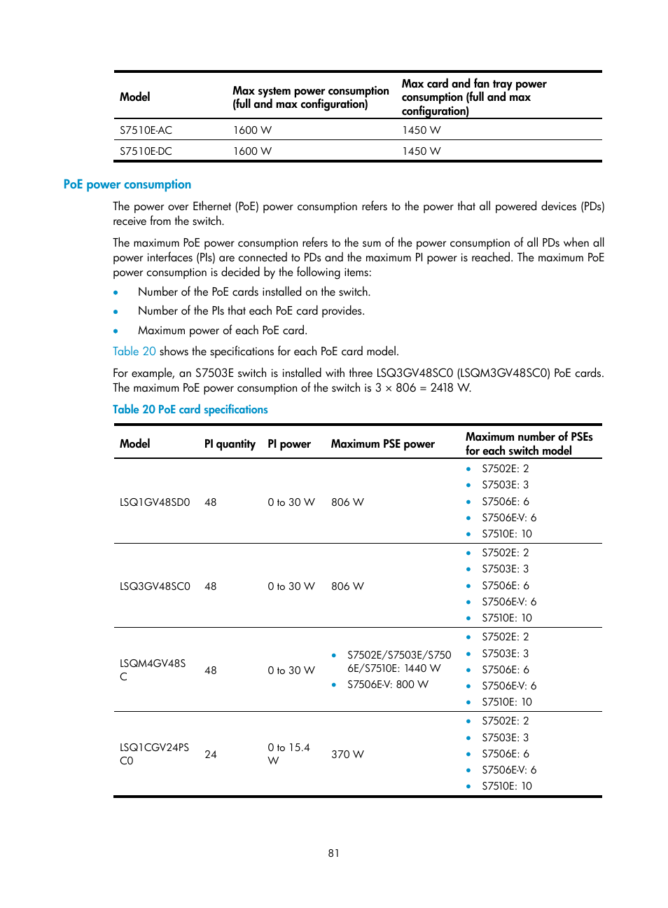 Poe power consumption | H3C Technologies H3C S7500E Series Switches User Manual | Page 91 / 161