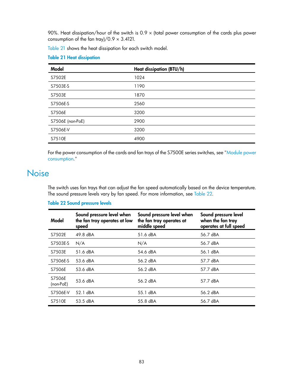 Noise | H3C Technologies H3C S7500E Series Switches User Manual | Page 93 / 161